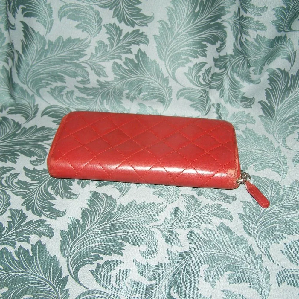 CHANEL Dark Red Lambskin Quilted Leather Wallet